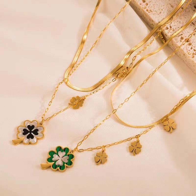 lucky clover Golden necklace and earrings, green& white 4-leaf clover set brings luck