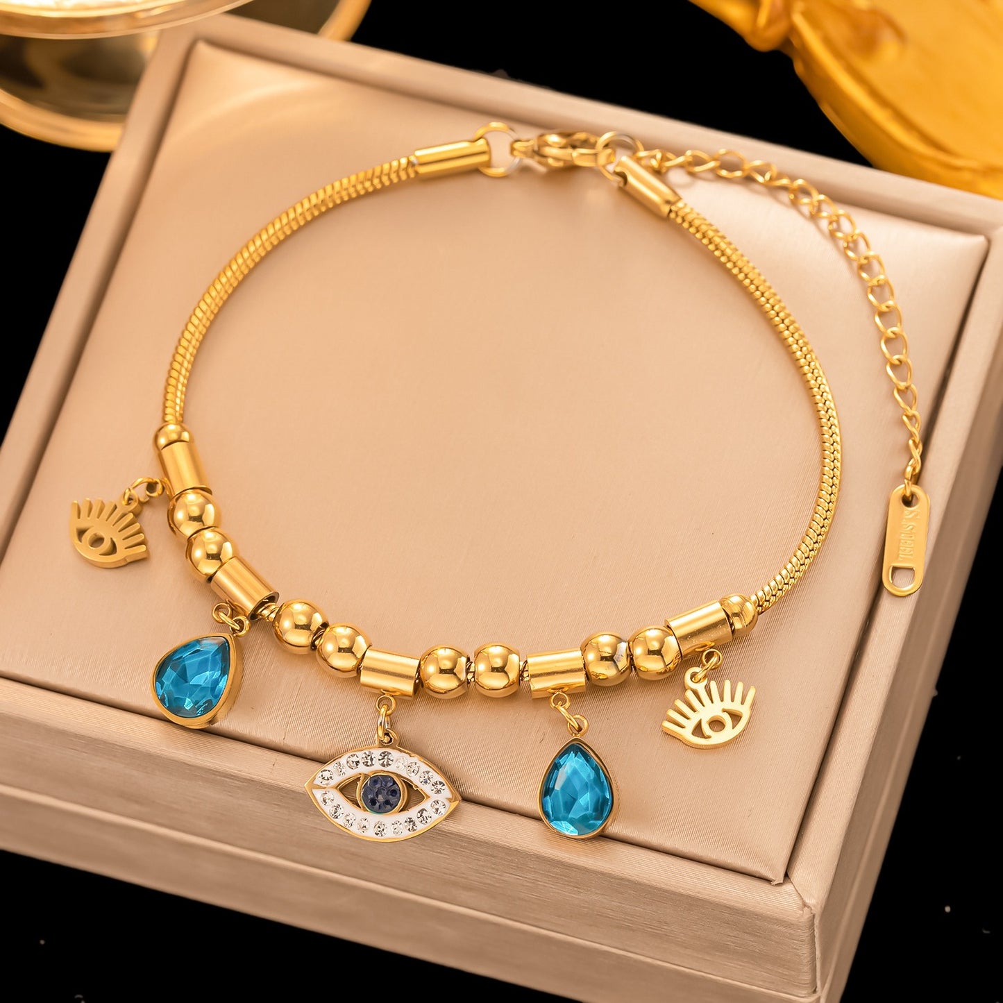 Necklace with Bracelet Blue White Crystal Eyes Stainless Steel Choker Necklaces Fashion