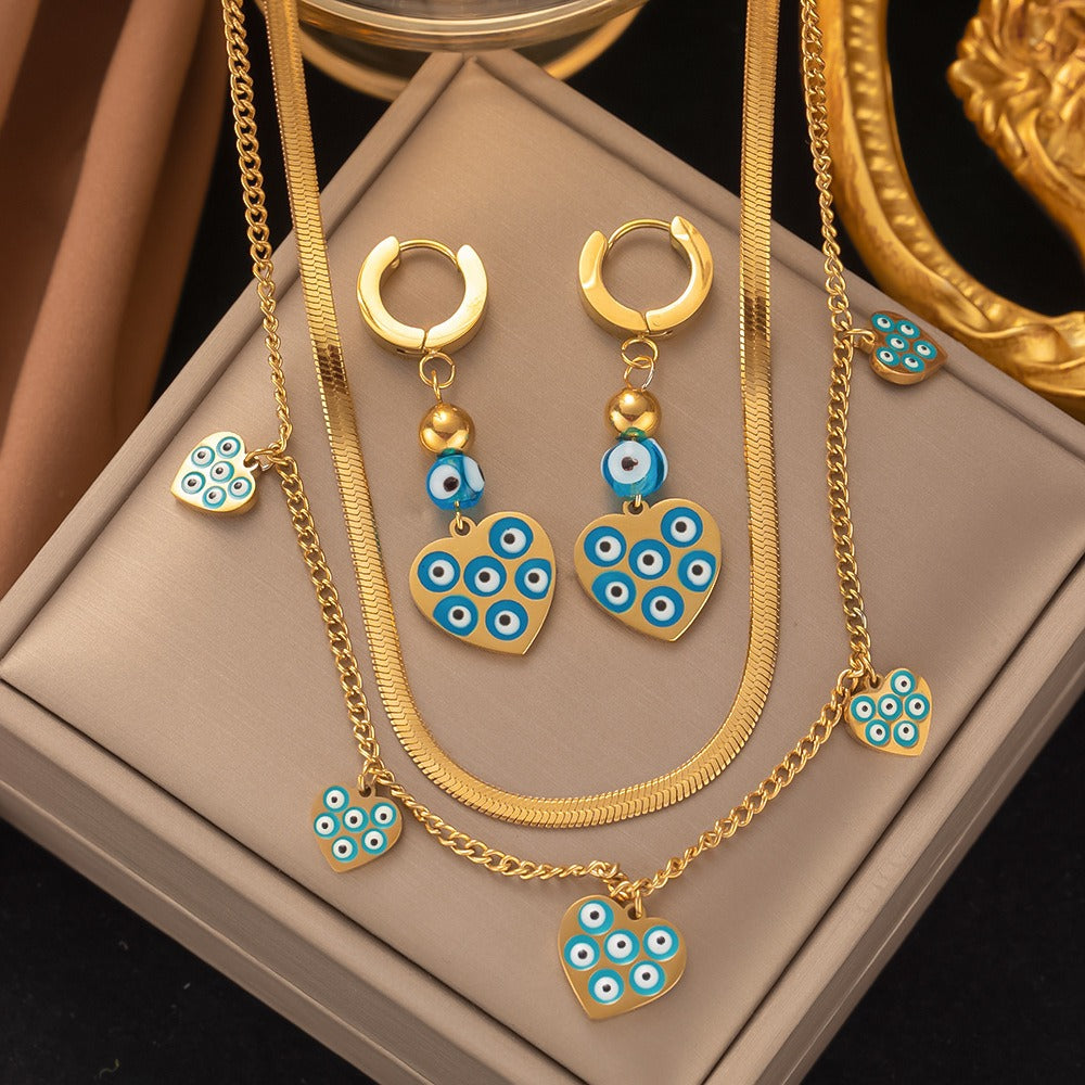 heart necklace and earrings set , Gold blue eye inlaid