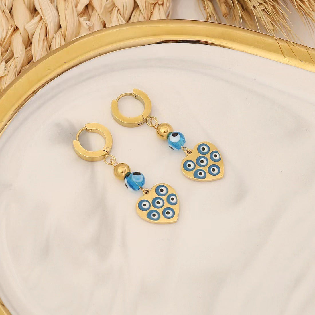 heart necklace and earrings set , Gold blue eye inlaid