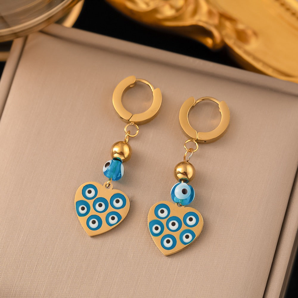 heart necklace and earrings set , Gold blue eye inlaid